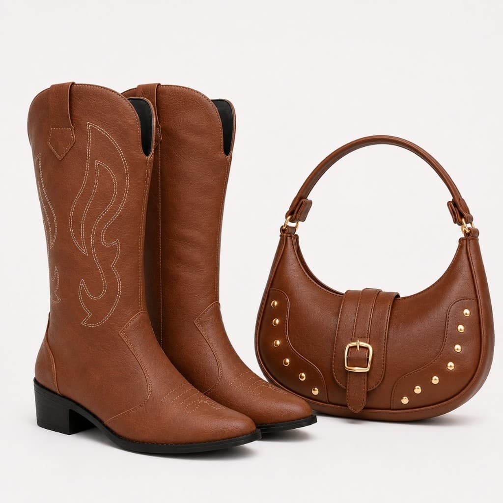 Kit Bota Country + Bolsa Feminina Marrom Caramelo | Elegância Western que Combina com Tudo