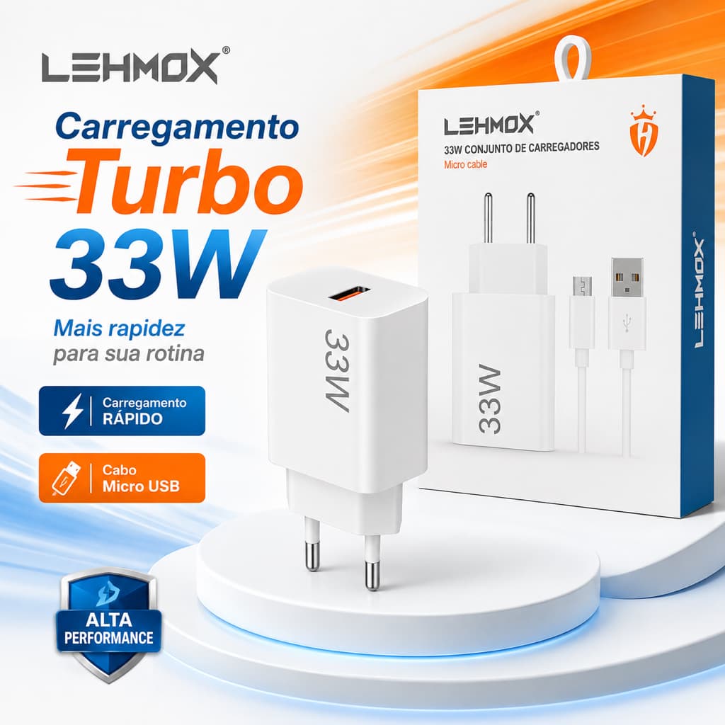 Carregador Lehmox 33W com Cabo Micro USB Compatível Xiaomi Motorollla Samsnng Turbo Power Original Mi8 Mi9 Redmi Tipo-C