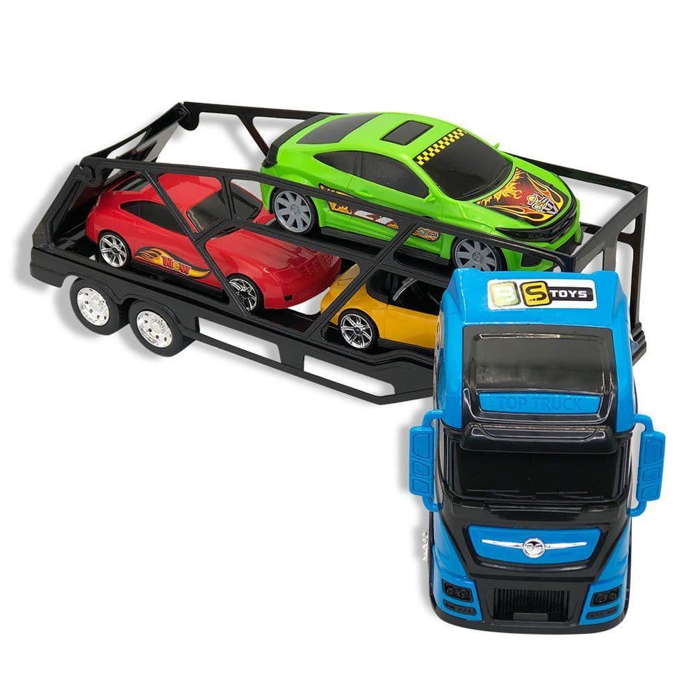 Caminhão Cegonheiro Grande com 3 Carrinhos - Azul - Amarelo - Branco - Vermelho