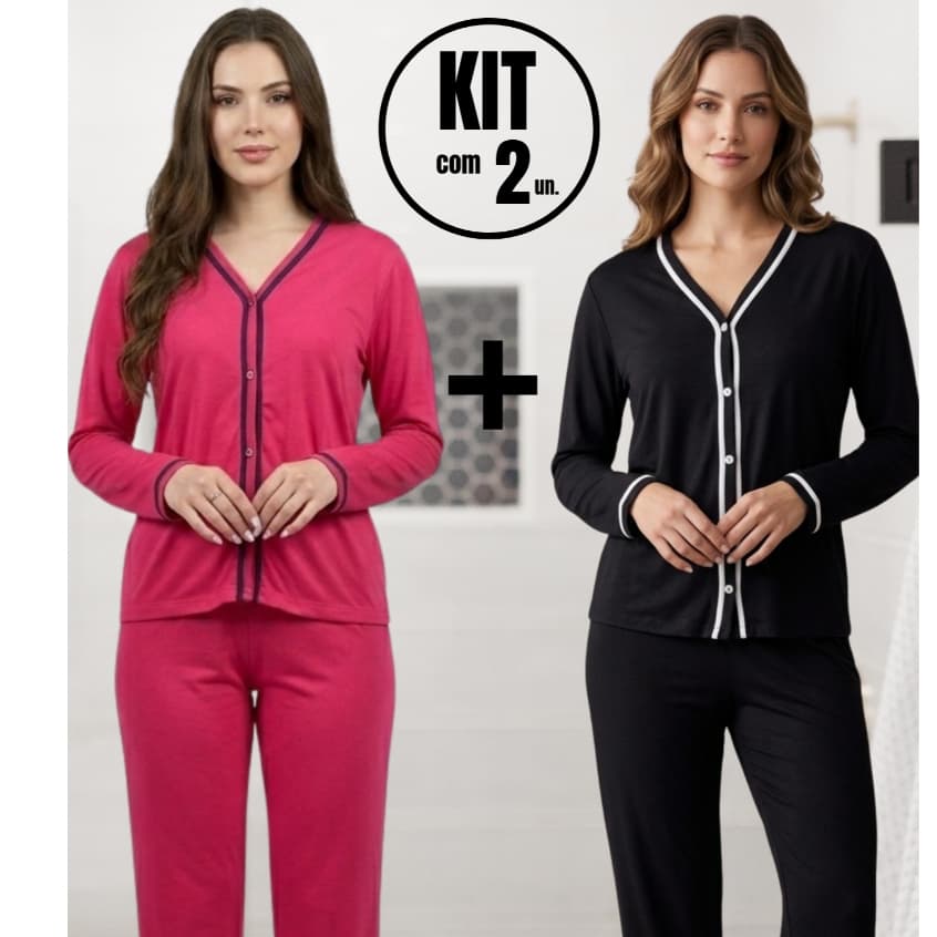Kit 2 Pijamas Longo Feminino Americano – Inverno, Confortável, Quente, Elegante Promoção P AO GG