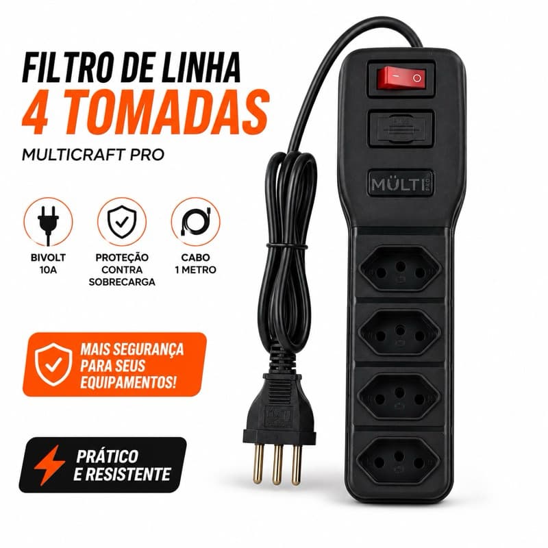 Filtro De Linha Extensão Elétrica -  4 Tomadas - 1 Metro -  Bivolt 10A Profissional Multicraft Pro original