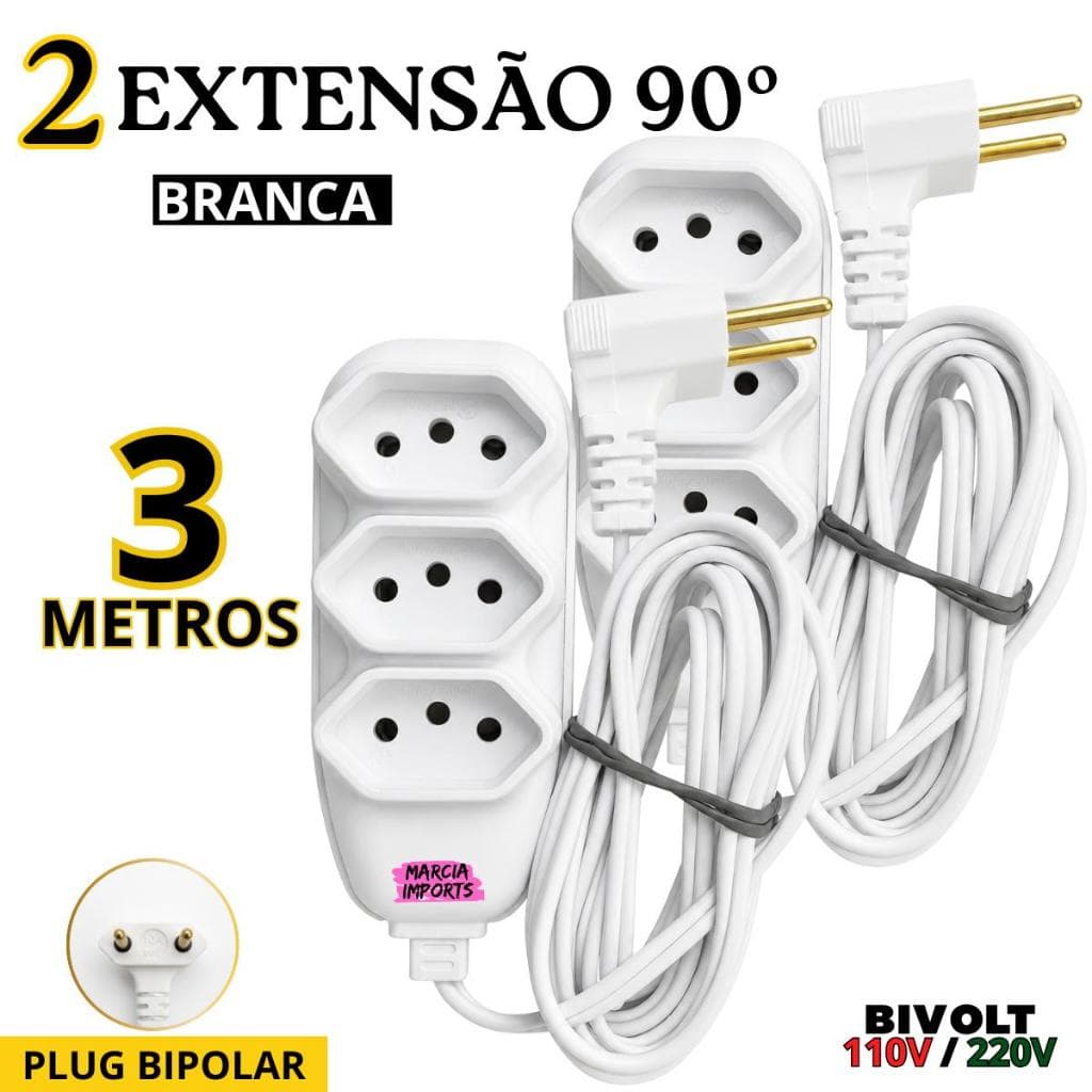 Extensão Elétrica 3 Metros 3 Tomadas 10A Plug 90° Bipolar Bivolt Branca Condutor Paralelo 2 x 0,75mm
