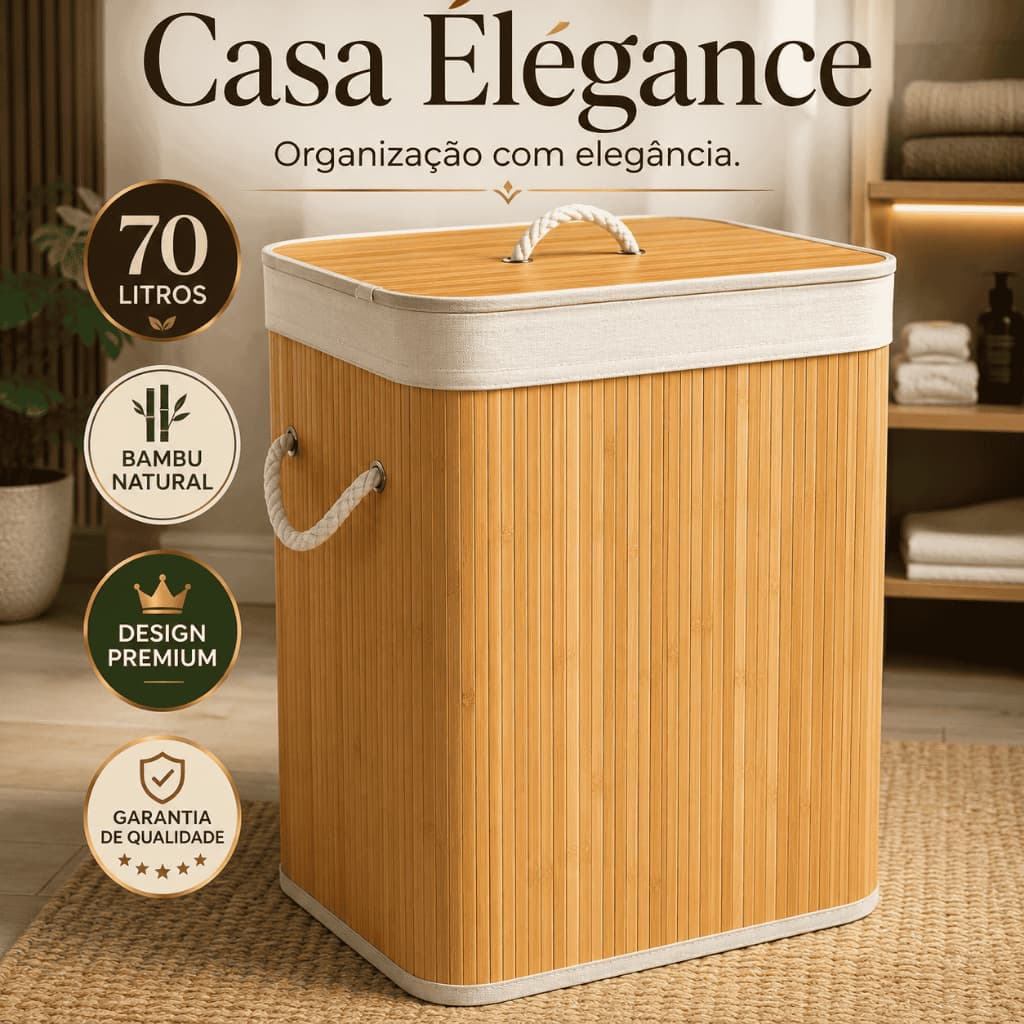 Cesto Organizador de Bambu 70 Litros com Tampa e Alças | Cesto para Roupas Grande Dobrável Premium
