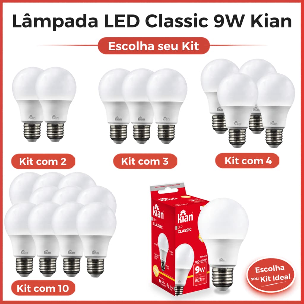 Kit 2, 3, 4, 10 Lâmpada LED Kian Classic 9W E27 Bivolt 3000K 803LM Econômica Luz Branca Morna Longa Duração