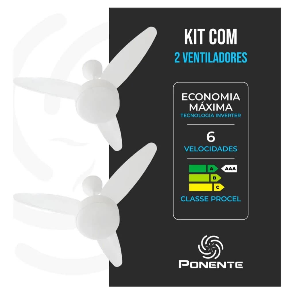 Kit 2 Ventiladores de Teto Ponente Inverter com LED 18W Controle Remoto Bivolt Baixo Consumo