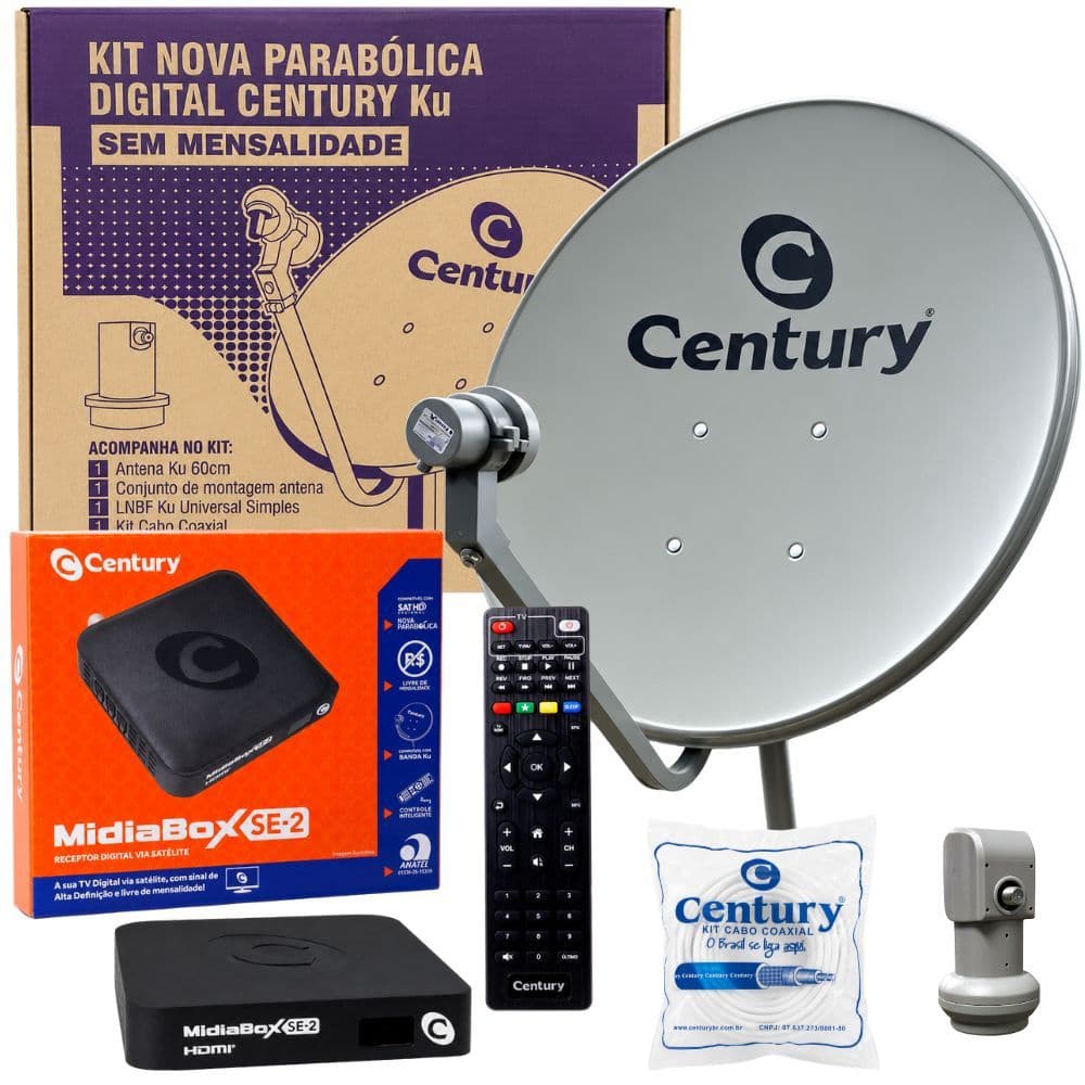 KIT ANTENA INTEIRA CENTURY 60 C/ MIDIABOX SE2+ LNB E CABO