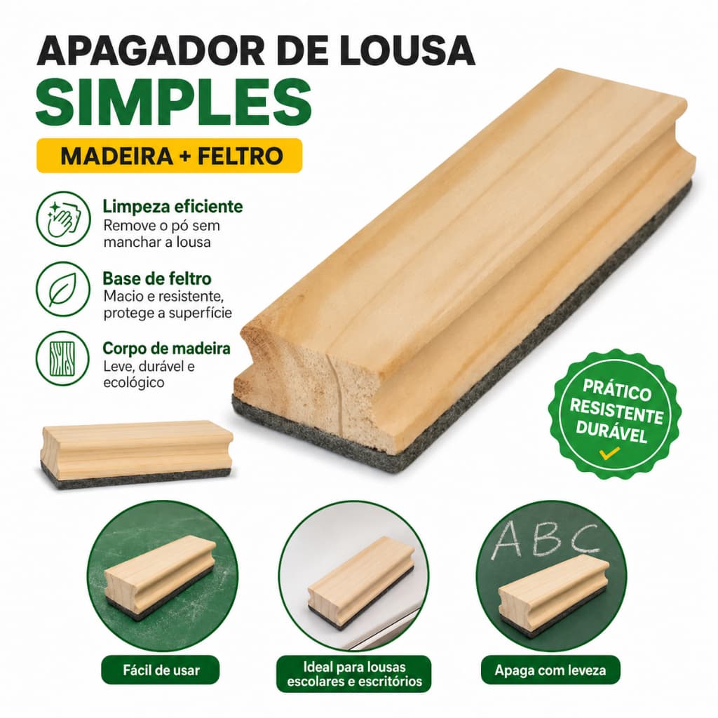 Apagador para Lousa de Madeira com Feltro | Limpeza Eficiente para Quadro Negro e Verde | Resistente e Durável
