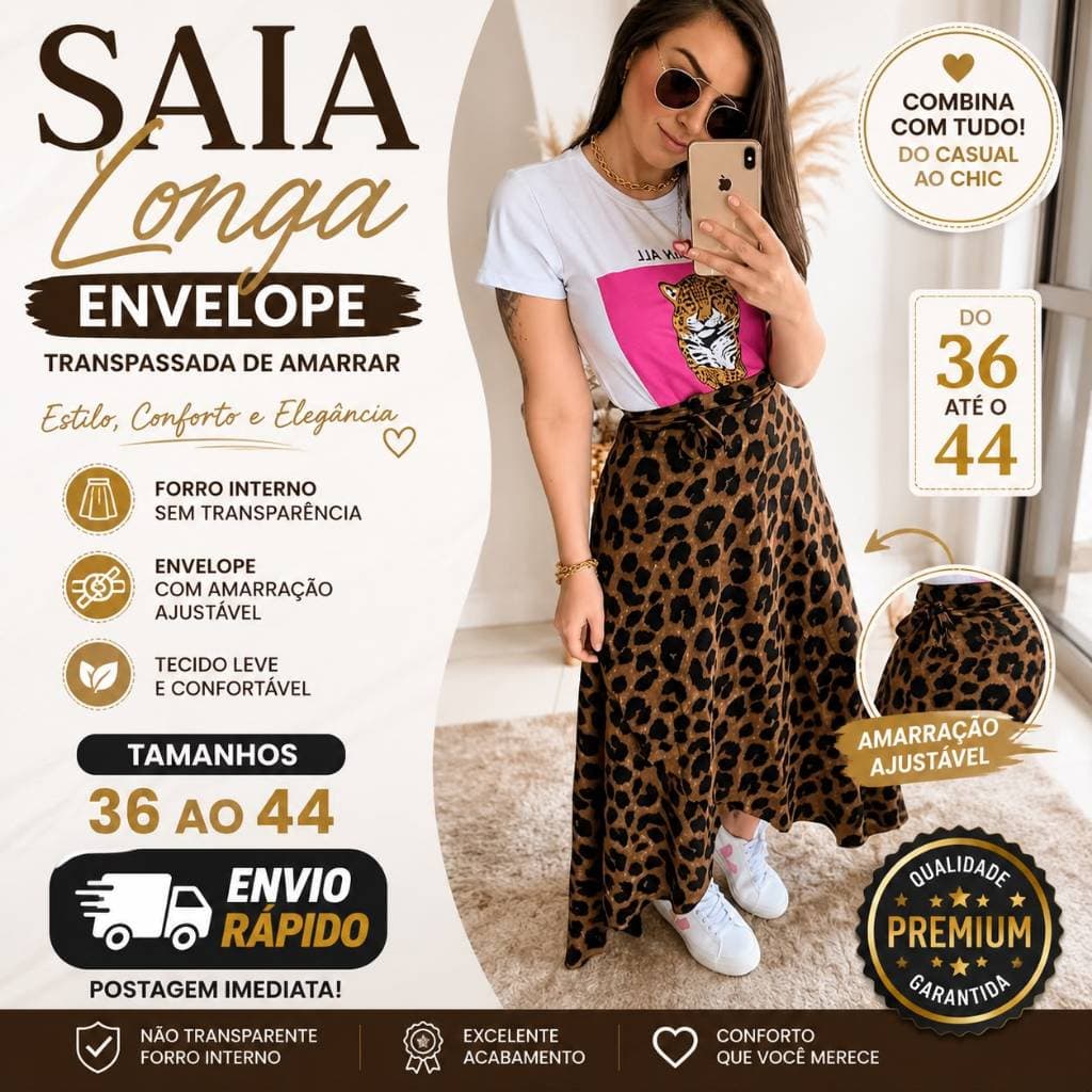 Saia Longa Envelope Transpassada de Amarrar Forro interno sem Transparência Feminina ENVIO RAPIDA