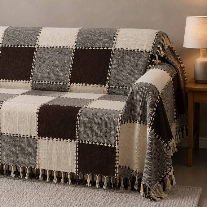 Manta  para Sofá Xale 3 Lugares 2,20mx2,60m Xadrez Bege Cru com Franjas Artesanal Decorativa Premium