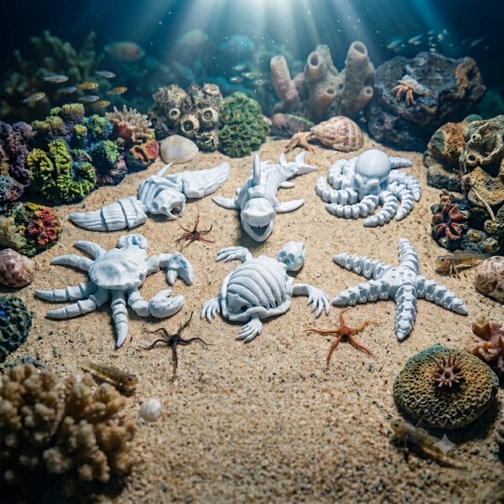 Miniatura Esqueleto Articulado Tubarão Polvo Arraia Tartaruga Caranguejo Estrela Mar Fidget Toy Colecionável Ocean Geek