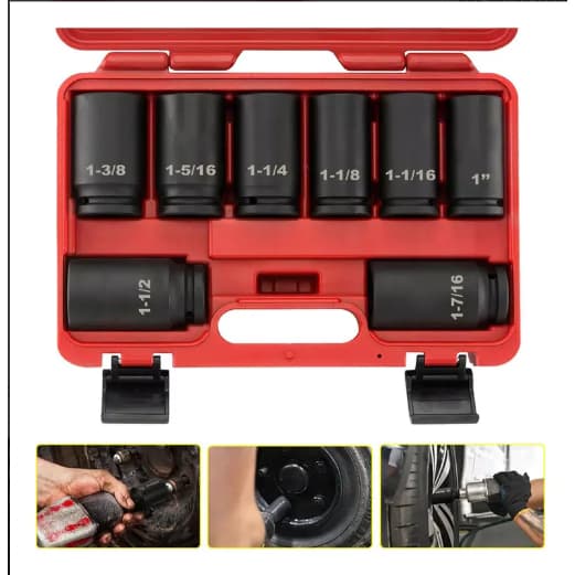 Jogo 8 Dados de Impacto SAE 3/4", 6 Pontas Alto Torque Aço Cromo Vanádio para Chave de Impacto com Estojo