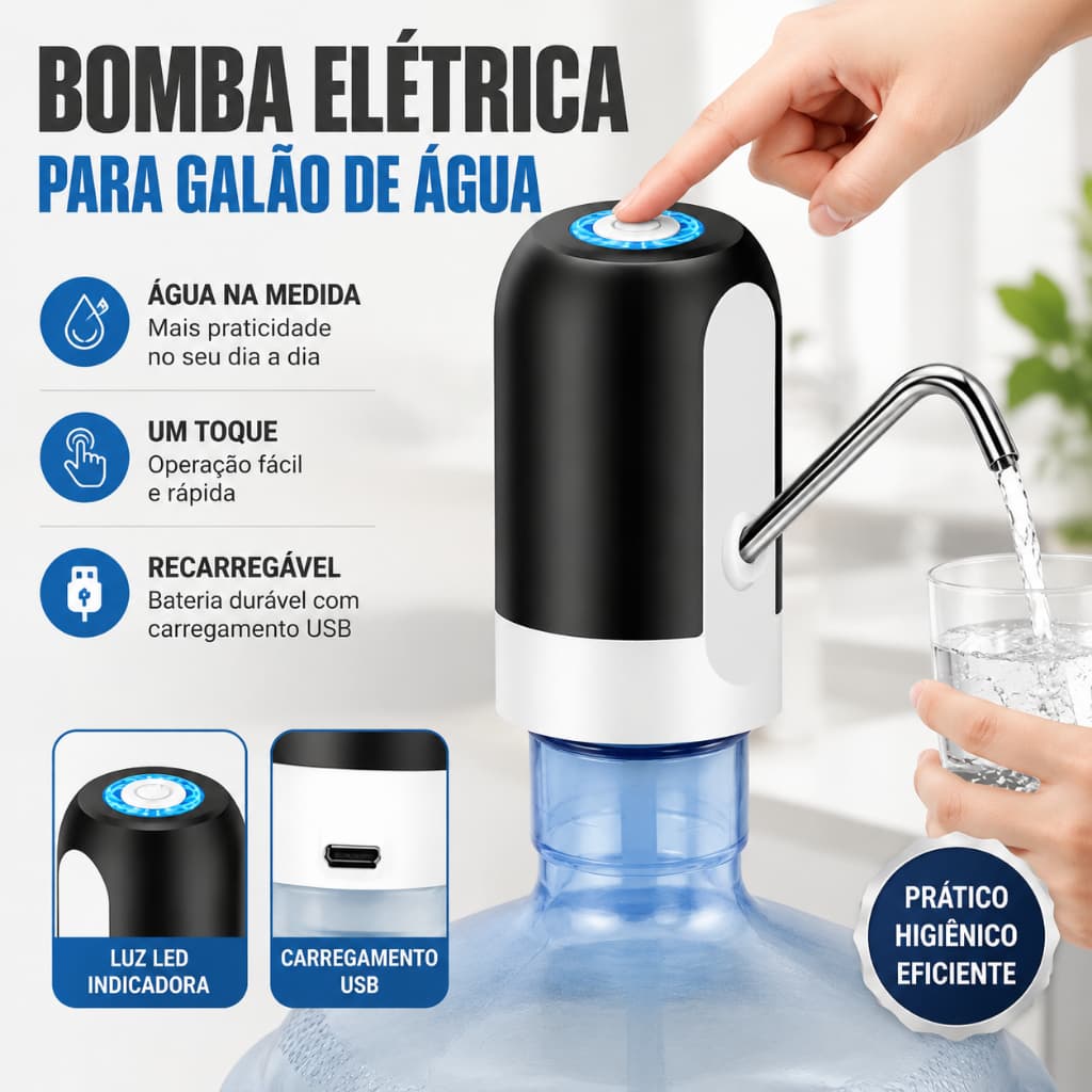 Bomba Elétrica Para Galão Universal D'Água Dispenser Com Carregamento Usb Para Galão De Água 20L Novo