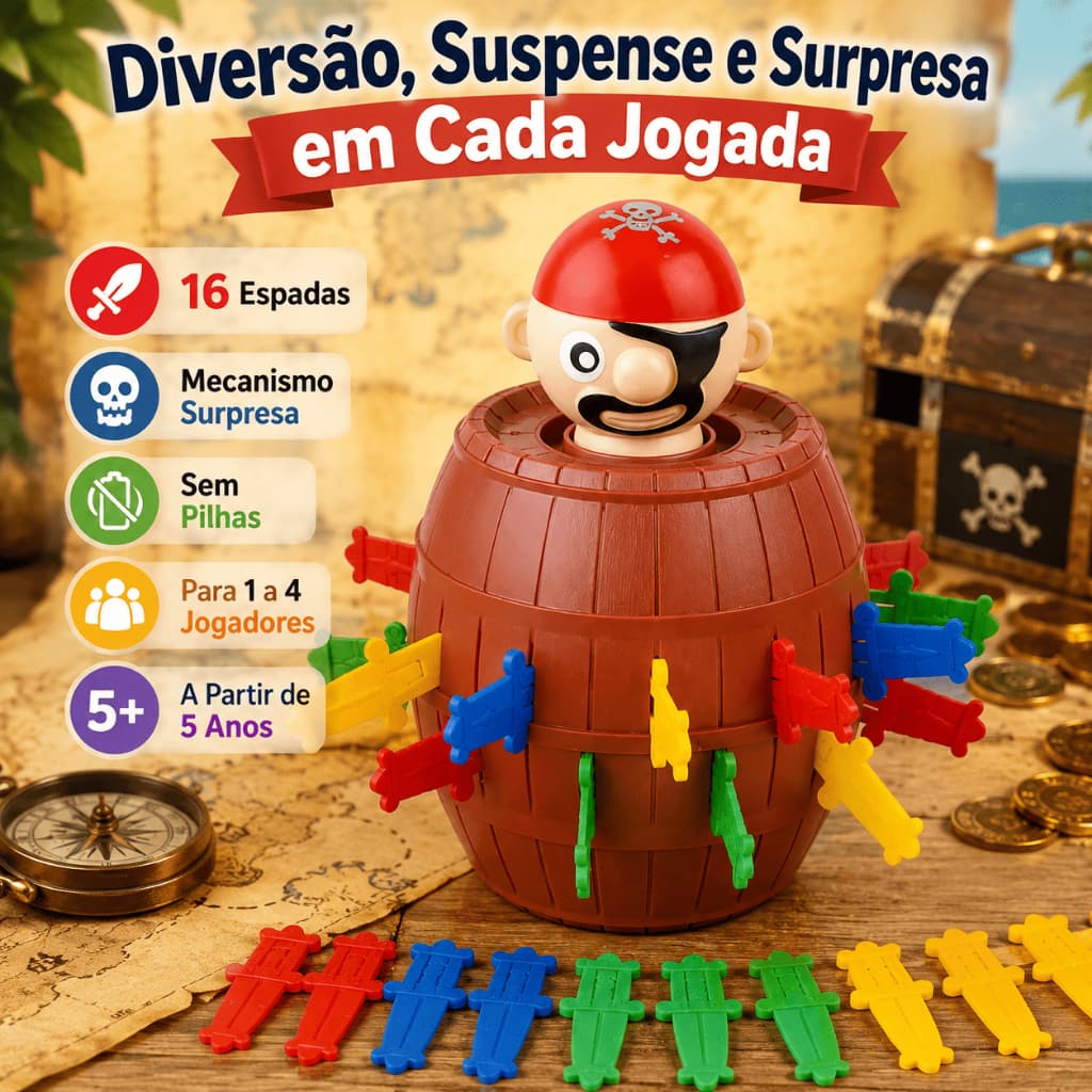 Jogo Pula Pirata 16 Espadas Barril Pirata Brinquedo Infantil Interativo de Mesa para Crianças e Família Concentração