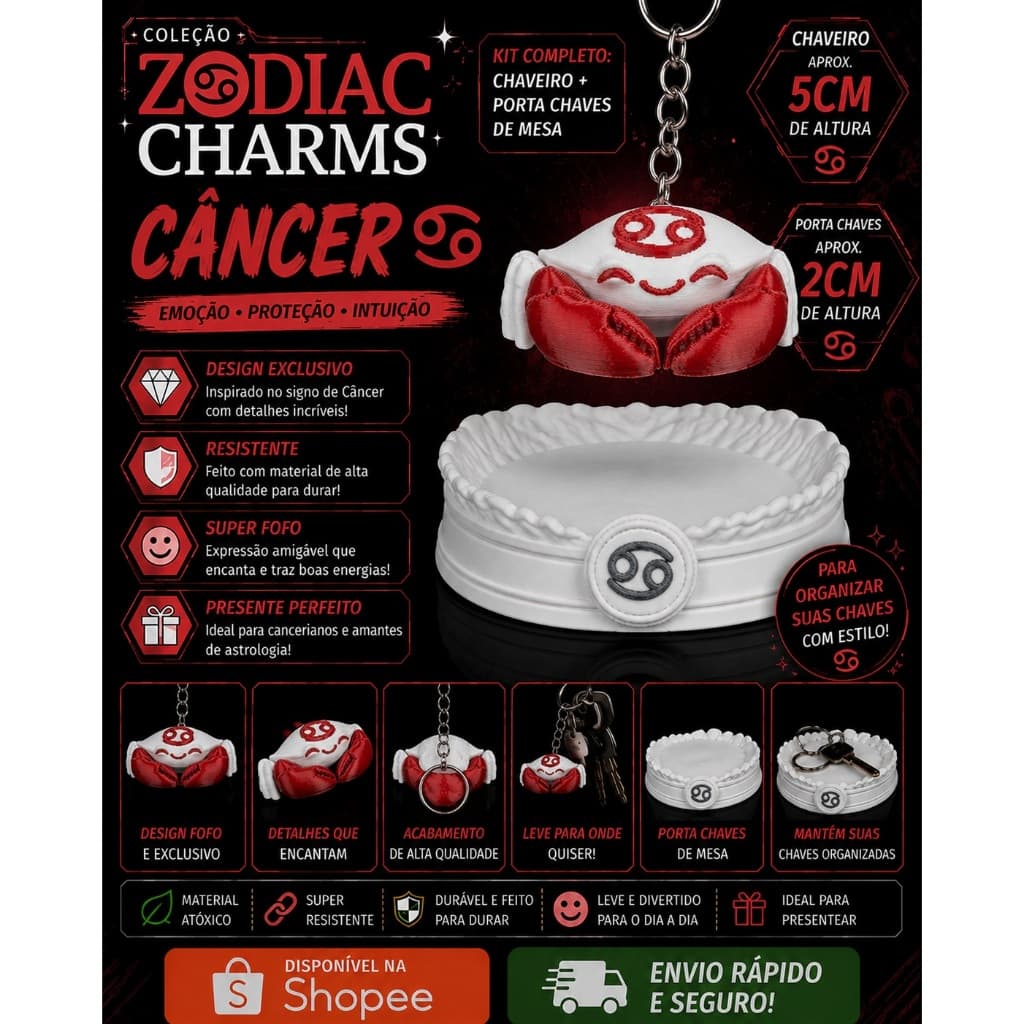 ♋ Kit Zodiac Charms – Câncer | Chaveiro + Porta-Chaves de Mesa | Impressão 3D em PLA