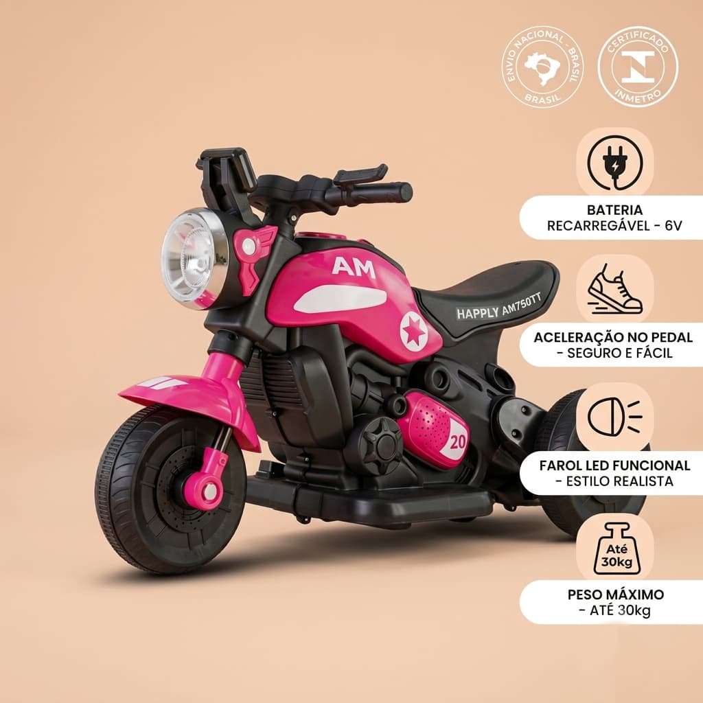 Mini moto Triciclo Eletrico Infantil Rosa Bateria Recarregavel Passeio Menina Bivolt Inmetro Duracao brinquedo ar livre