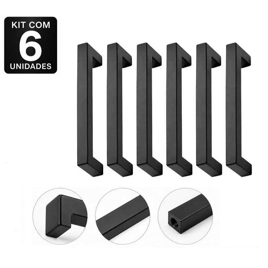 Kit 6 Puxadores Rezzo Il811 Italy Line Inox Preto 96mm Alça Moveis Cozinha Gavetas Portas