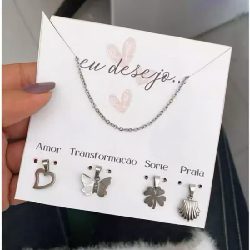 Colar EU DESEJO kit com 4 colares - coração - borboleta - trevo - concha - feminino, delicado, aço inox