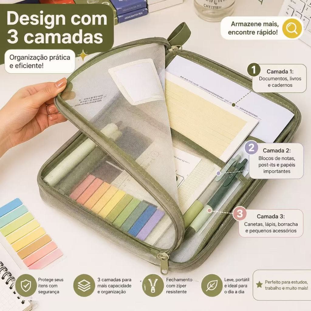 Pasta Organizadora A4 com Zíper 3 Camadas Porta Documentos Escolar Multiuso Resistente