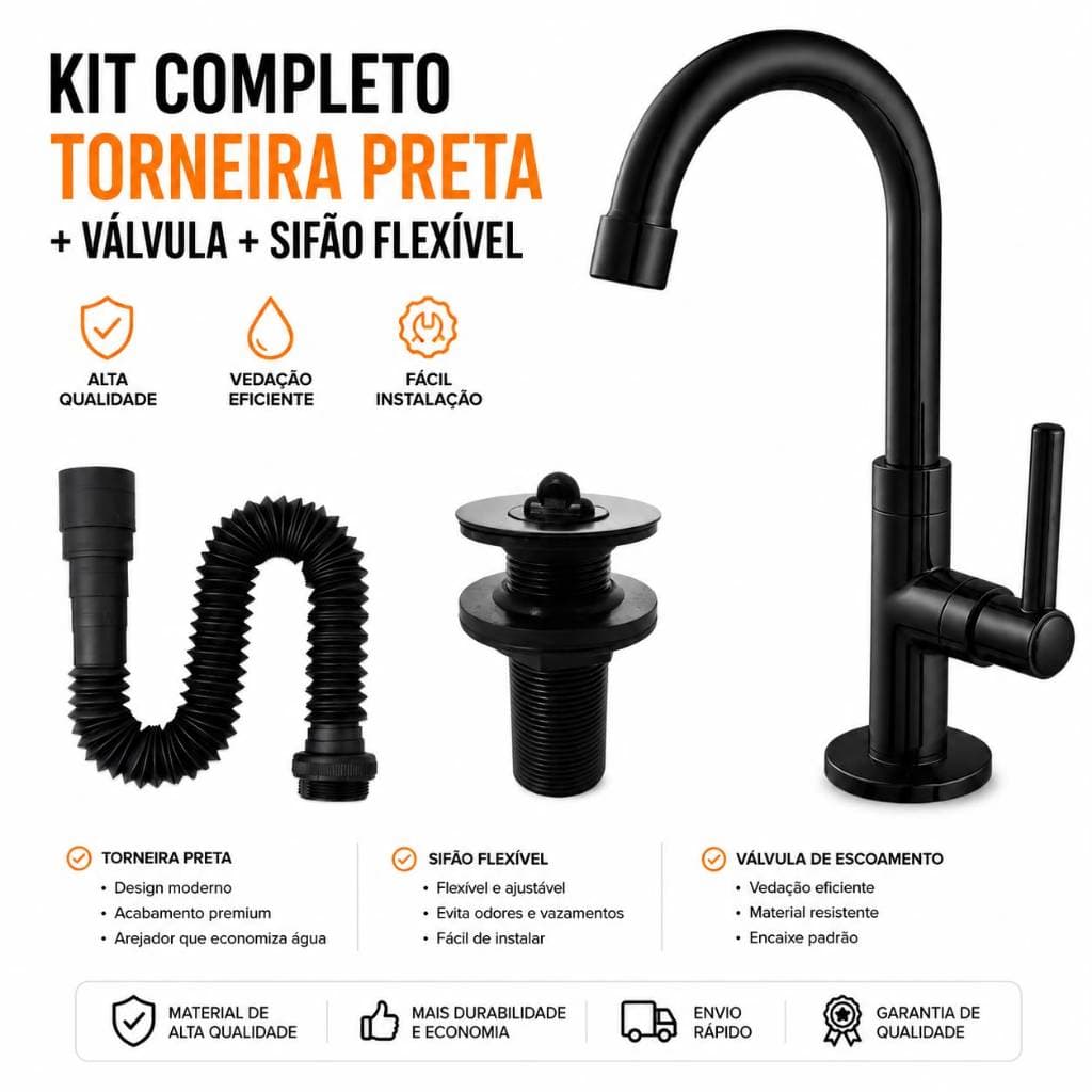 Kit Torneira pia Lavatório Banheiro ABS Bica Alta + Sifão + Válvula 7/8 preto