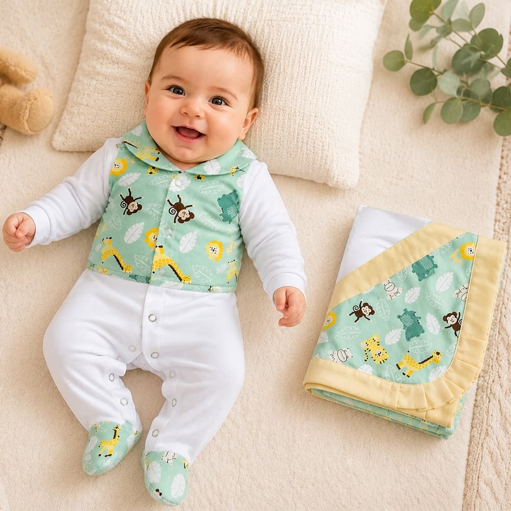 Saída de Maternidade Macacão para Bebê Mimo Safari Bichinhos Baby Kit 4 Peças