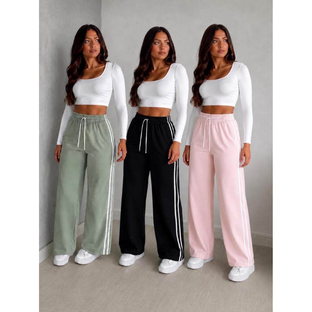 Calça Pantalona Sensorial Tecido Duna Com Listras Laterais Cintura Alta