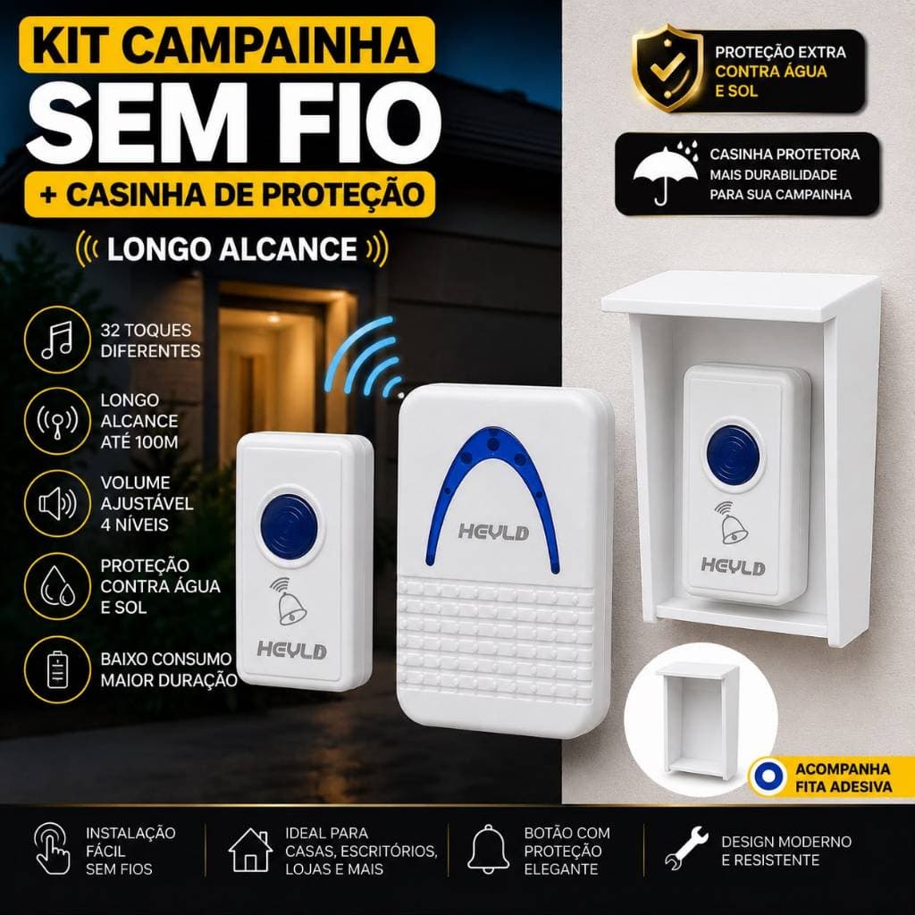 Kit Completo Campainha Sem Fio 32 Toques + Suporte Protetor do Botão Contra Água e Chuva