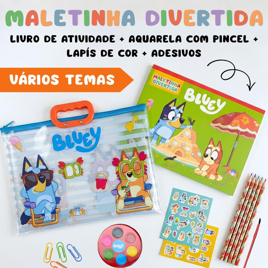 Kit Maleta Divertida Livro De Colorir Educativo Com 5 Itens Bluey Sonic e Mais Personagens Menina Menino