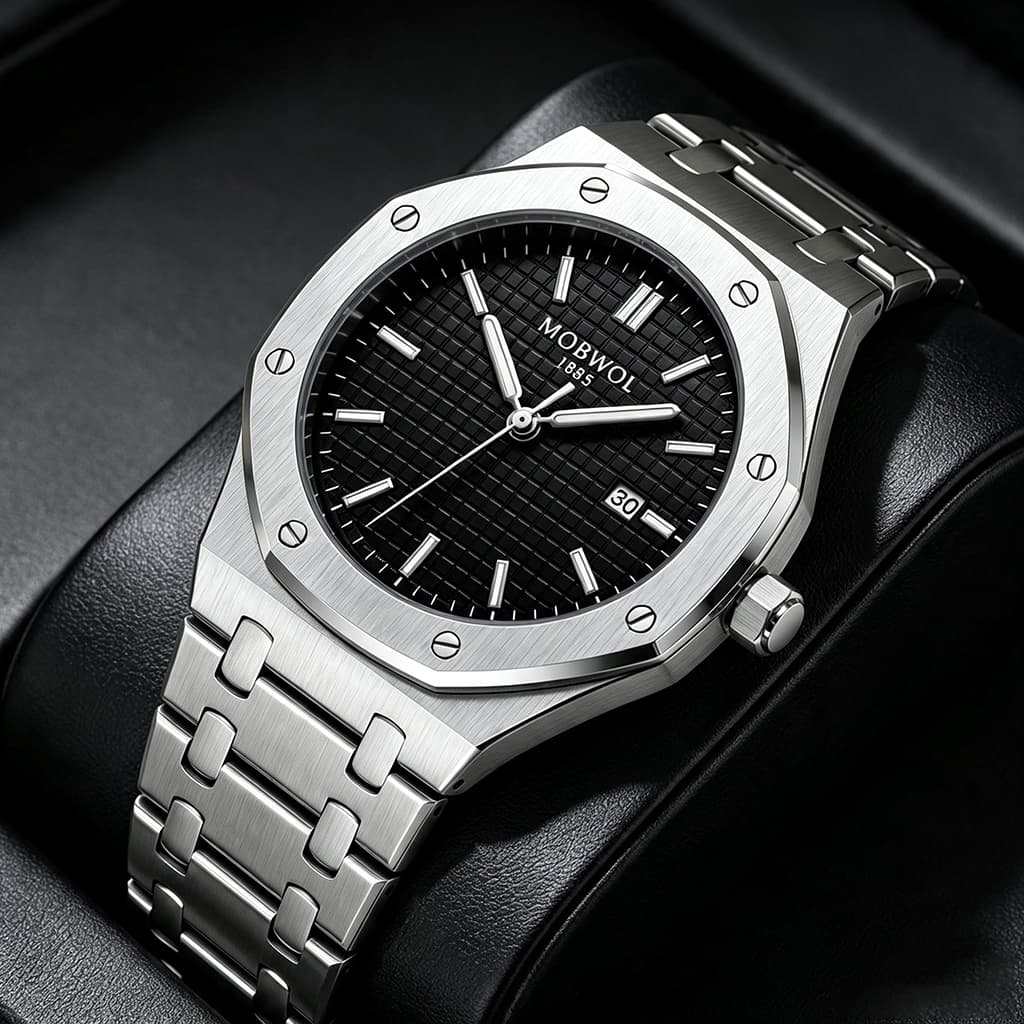 Relógio Masculino MOBWOL Aço Inox Prata Quartzo Mostrador Azul Calendário Luxo Social