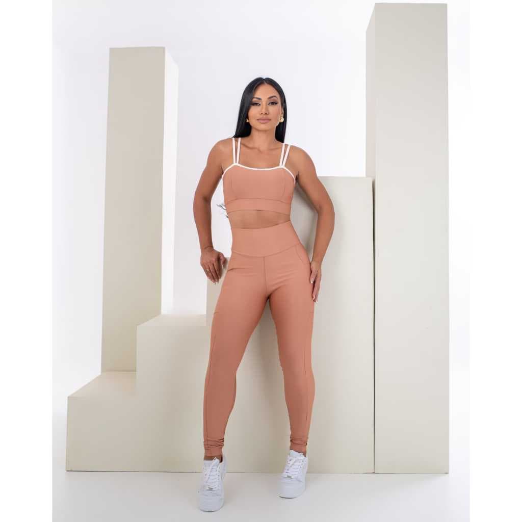 Conjunto Fitness Feminino Top Alça Dupla + Legging Cintura Alta com Bolso | Nude