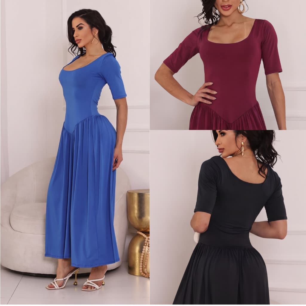 Vestido Longo Feminino Gola Quadrada Manga 3/4 em Malha Fluit com Forro Duplo no Busto e Costas