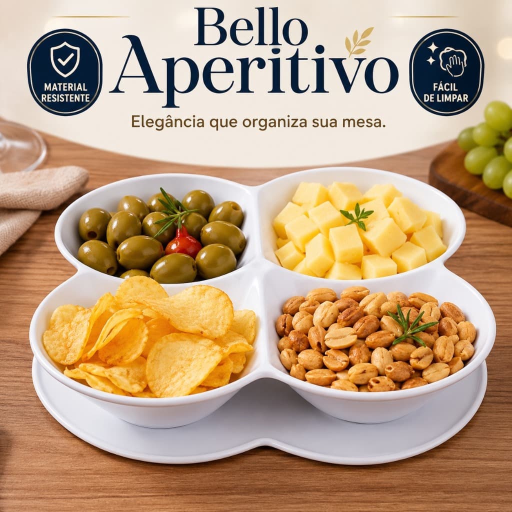 Petisqueira Divisória Melamina 4 Divisórias Bandeja para Servir Petiscos Molhos Queijos Frutas Resistente Fácil de Limpa