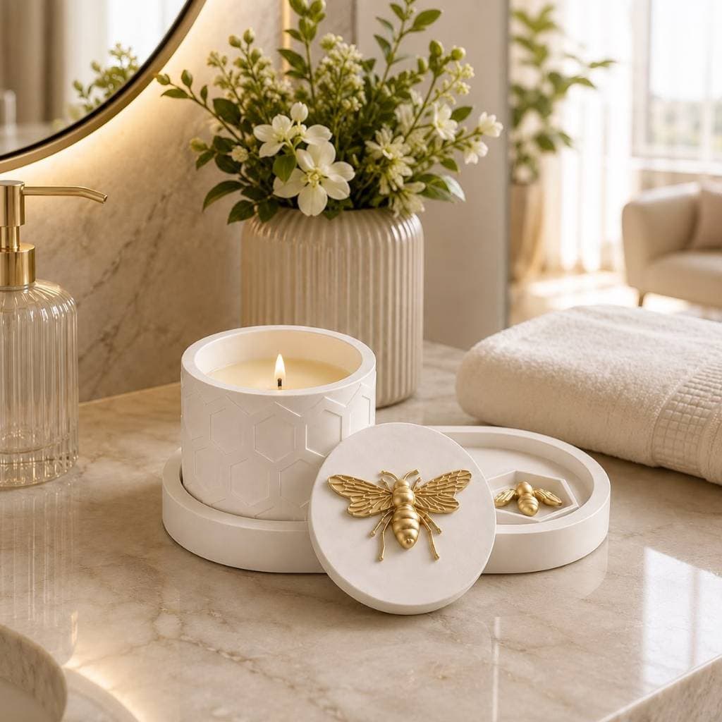 Kit Presente Vela Aromática Cera de Coco + Bandeja Oval Decorativa e Pote Colmeia com Abelha Dourada - Decor Lavabo Casa