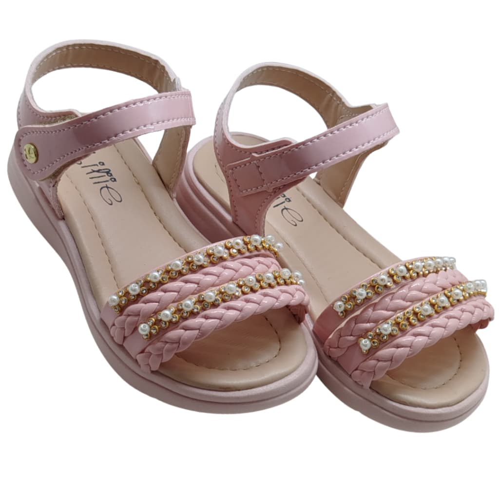 Sandália Infantil Feminina Delicada com Pérolas Velcro Menina