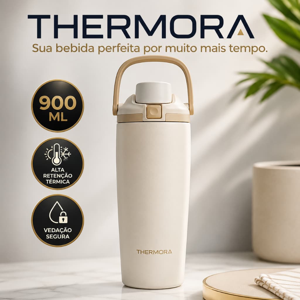 Garrafa Térmica Thermora 900ml Inox com Alça Inox Portátil Mantém Bebidas Quentes e Frias Academia Treino Pilates🏃‍♀️