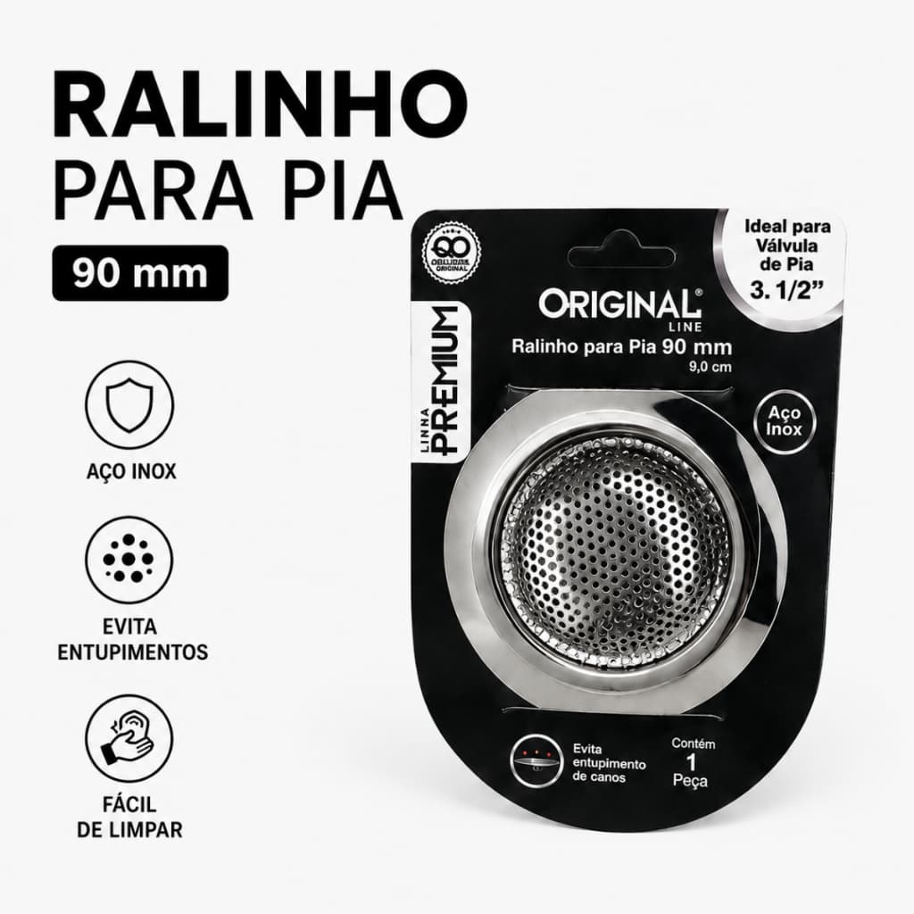 Ralinho para Pia em Aço Inox 90mm Universal Cesto Coletor Anti Entupimento Resistente
