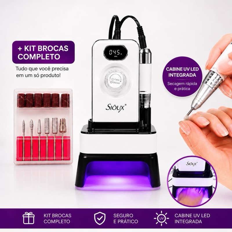 Motor Lixadeira + Cabine UV LED + Kit 6 Brocas de Unha Profissional 45000 RPM | Lixadeira Elétrica Manicure Gel Fibra