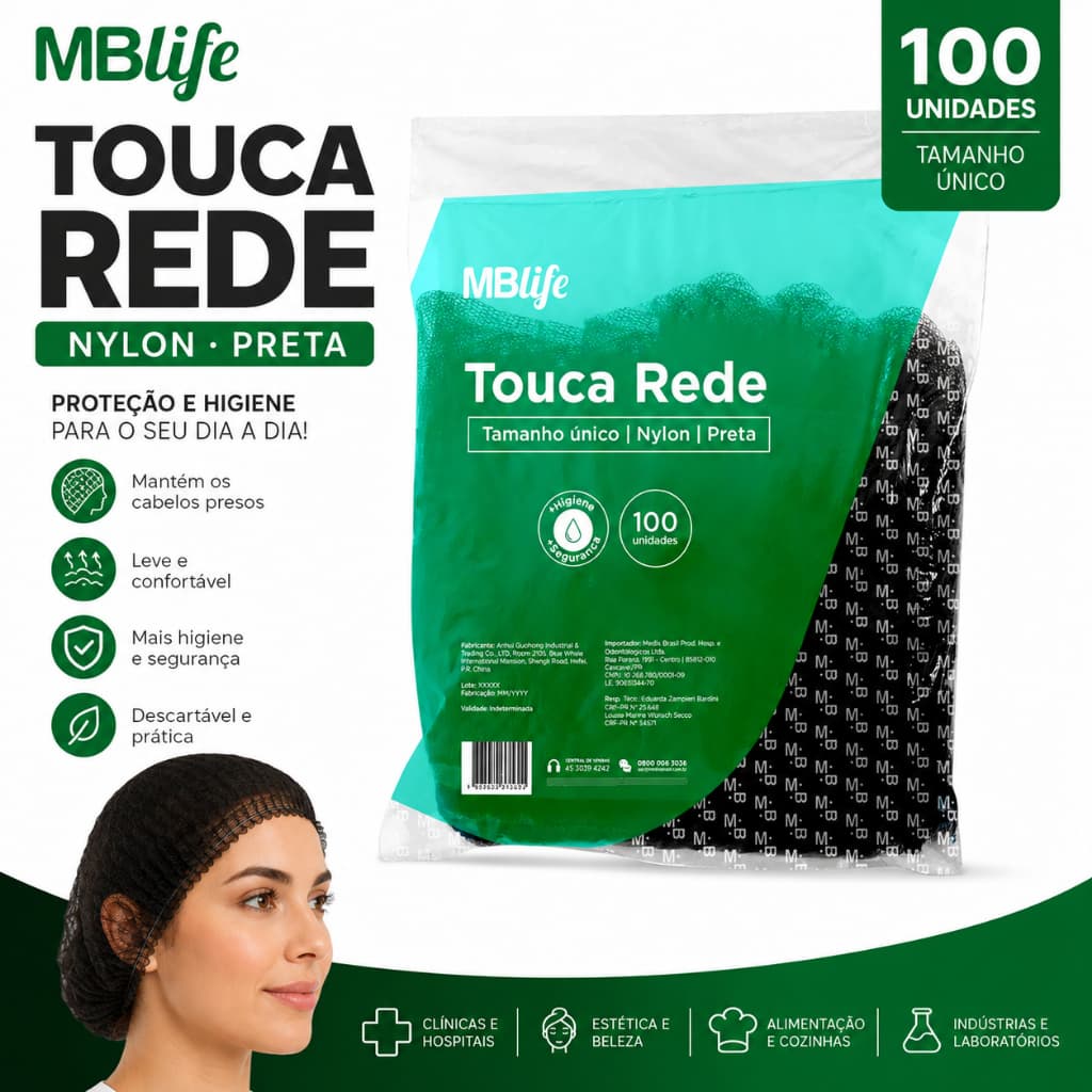 Touca Preta Protetora Capilar Rede Redinha Descartável 100un