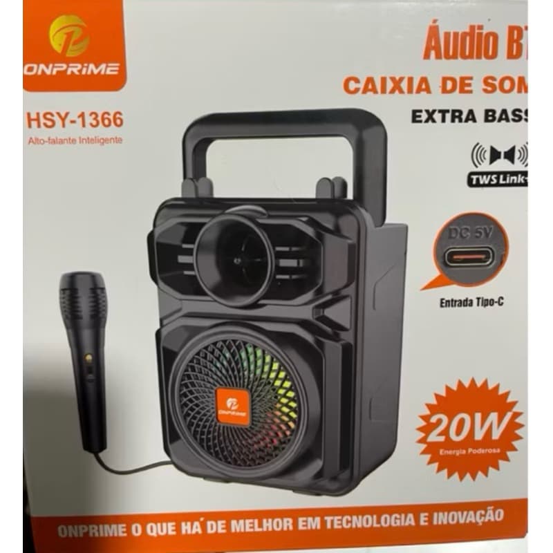 Super Caixa de som Hsy-1366 Bluetooth FM potencia 20W TWS acompanha microfone Extra Bass plug tipo C