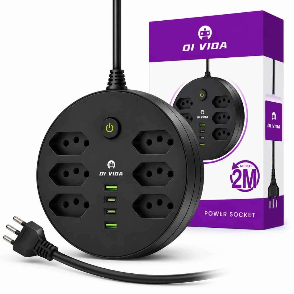 Extensão Elétrica 6 Tomadas Filtro De Linha 2 Usb 2 Tipo C Cabo 2 Metros Bivolt 110/220v Universal