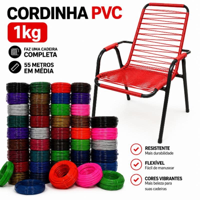 1kg Cordinha PVC Fio Espaguete para Enrolar Cadeira de Área, Varanda e Alpendre Aproximadamente 55 Metros Diversas Cores