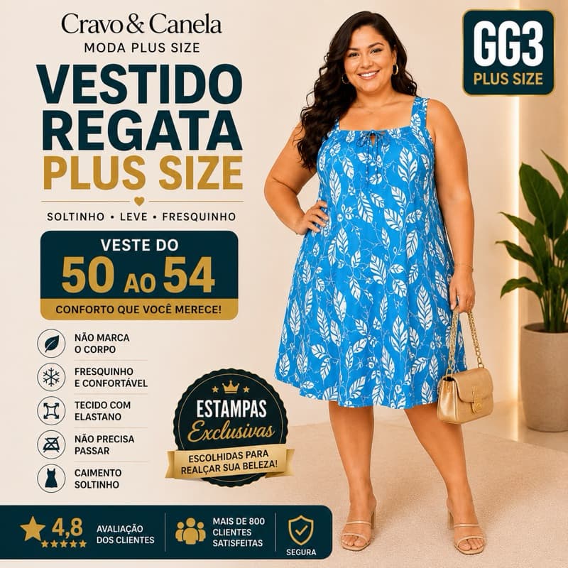 Vestido Plus Size GG3 Regata Veste Manequim 50 ao 54 tecido com Elastano não marca o corpo Malha Premium