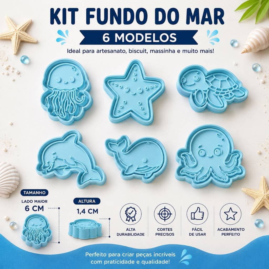 Kit 6 Cortadores de biscoito Fundo do Mar com Carimbo – Biscuit, Massinha e Confeitaria 6cm