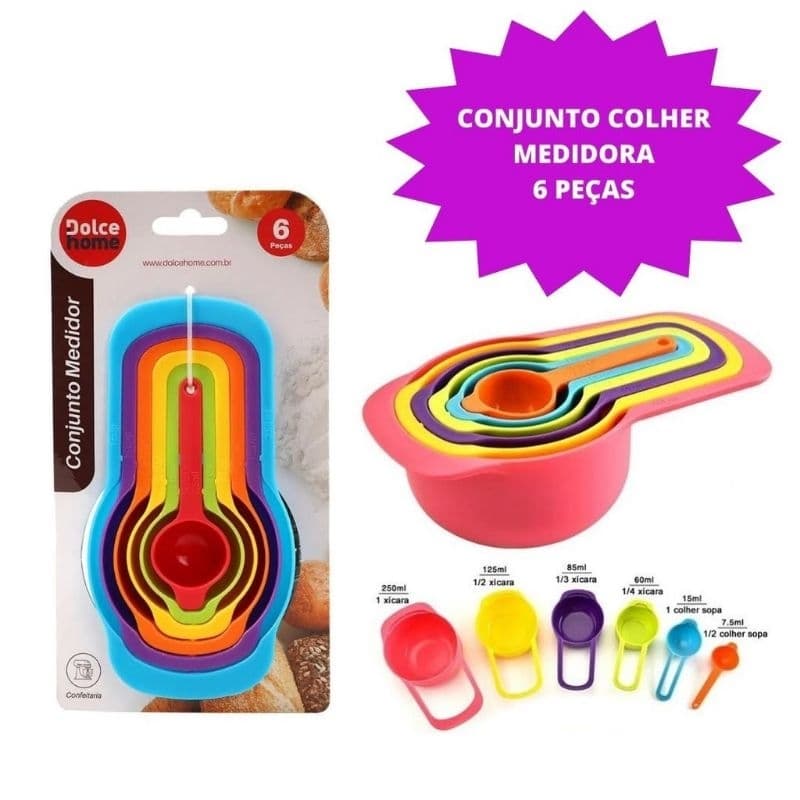 Colheres Medidoras de Cozinha - Jogo 6 Peças Coloridas, Medidas Precisas, Fácil Armazenamento