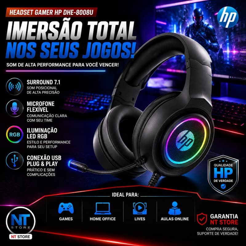 Headset Gamer HP DHE-8008U USB Surround 7.1 RGB Microfone Flexível Para PC Notebook PS4