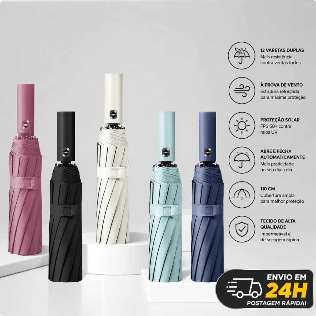 Guarda-Chuva Grande 110cm Automático 12 Varetas Reforçado Anti-Vento Estrutura Dupla