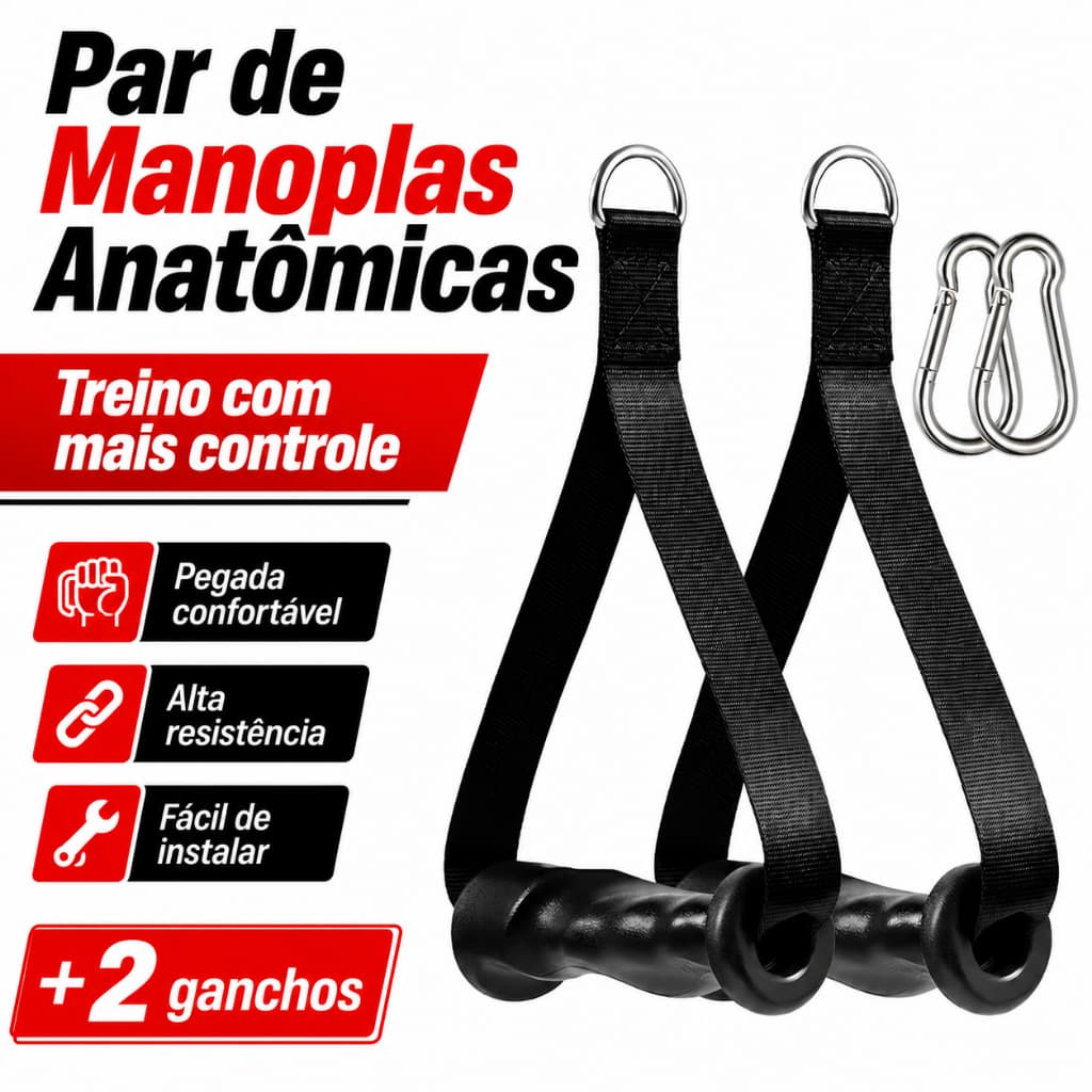 1 Par Manopla Anatômica Puxador Crossover Polia Pulley + 2 Ganchos