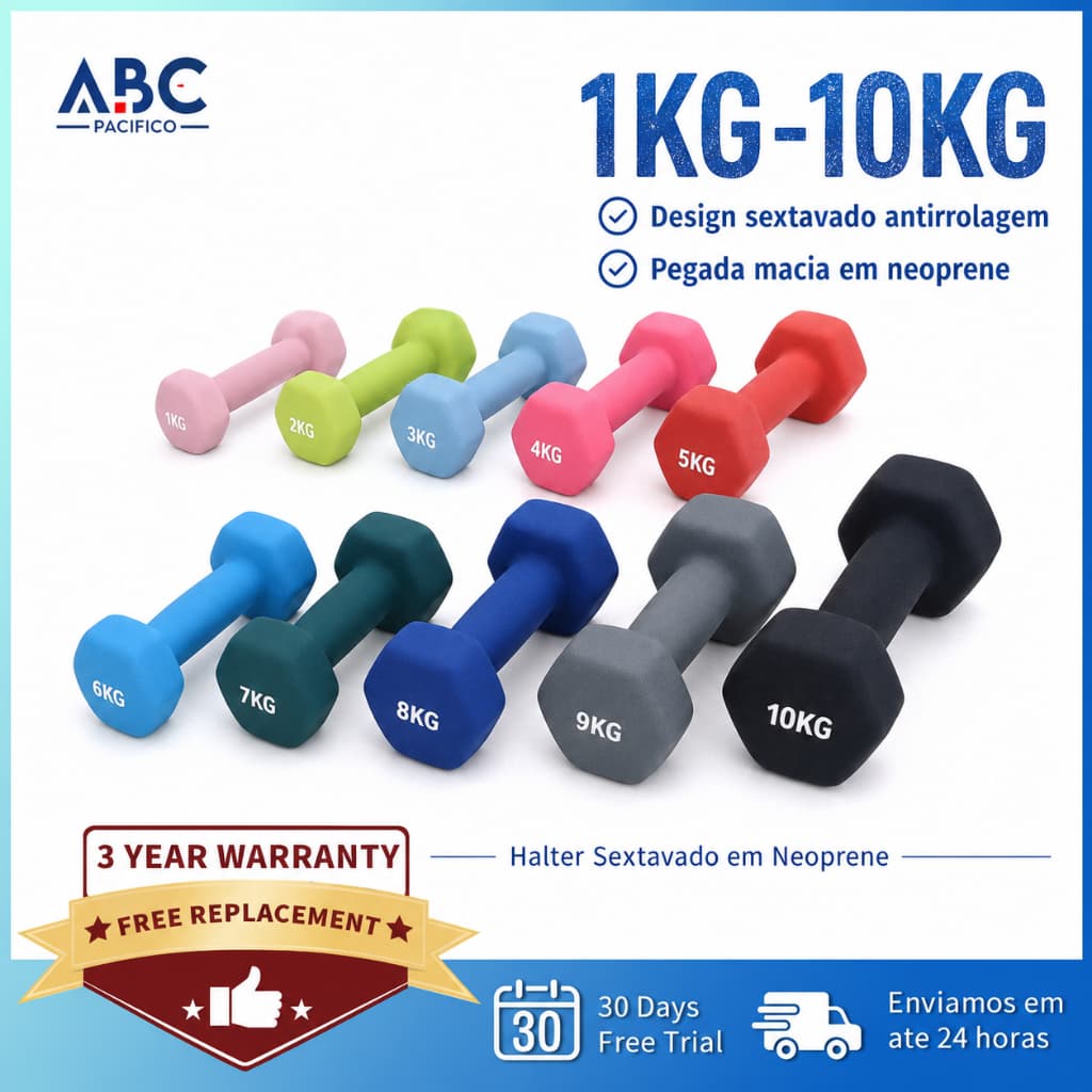 Halter Sextavado Neoprene 1kg a 5kg Antiderrapante para Musculação, Academia, Treino Funcional e Exercício em Casa