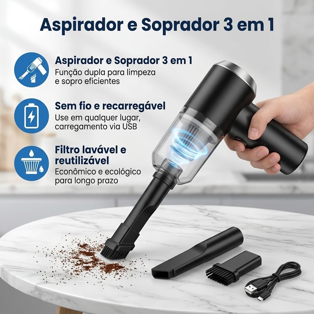 Mini Aspirador de Pó Portátil 3 em 1 Recarregável USB - Automotivo para Carro, Cantos e Escrivaninha, Silencioso e Compa