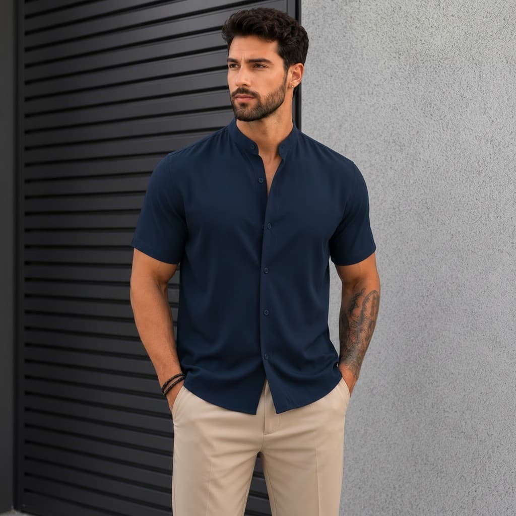 Camisa Social Masculina Gola Padre Slim Fit