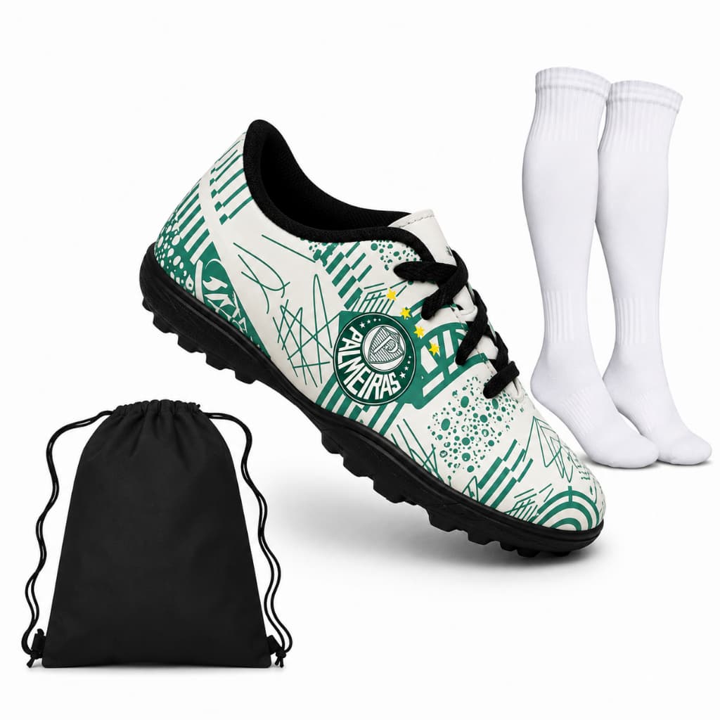Kit Chuteira Infantil Society Verdão Elite + Meião + Mochila | Confortável | Tam. 28 ao 36